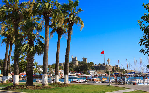 Blick auf die Hafenpromenade und dem St. Peter Kastell im Hintergrund © Dimos / shutterstock.com